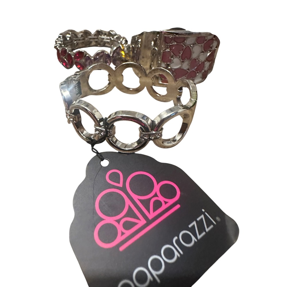 Paparazzi Bracelet Lot 3pc Silver Tone Heart Cuff Rhinestone Stretch Open Link